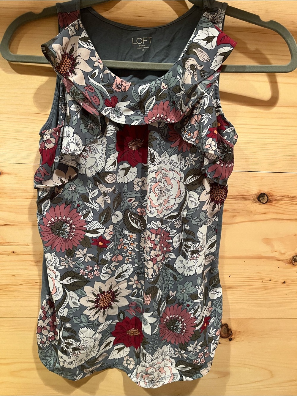 LOFT Floral Ruffle Neck Tank Top - Slate Blue with Pink and White